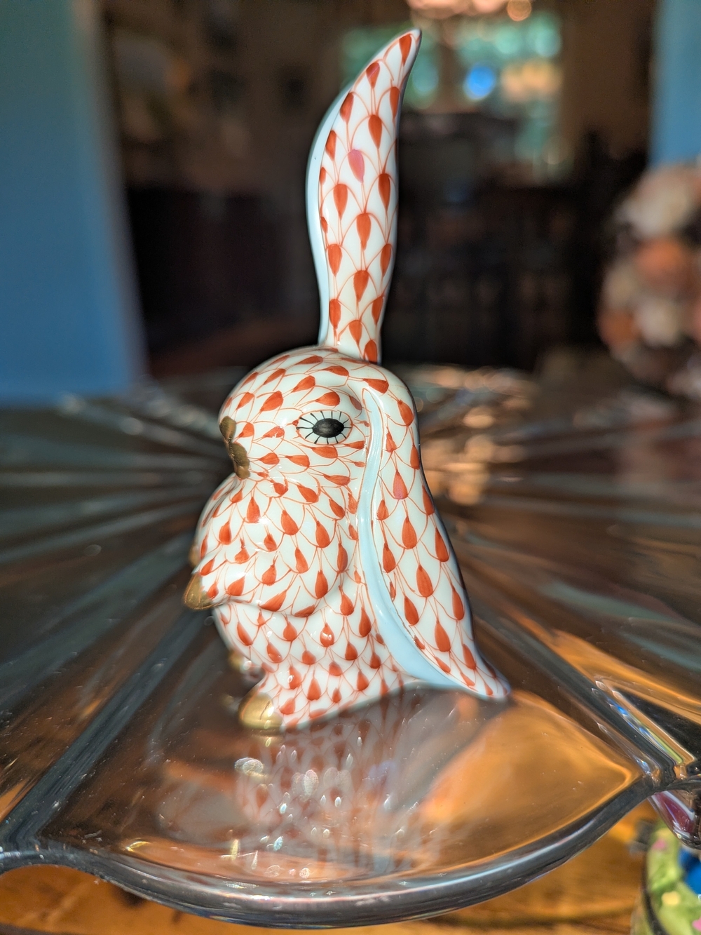 Herend Style Orange Fishnet Porcelain Bunny Figurine